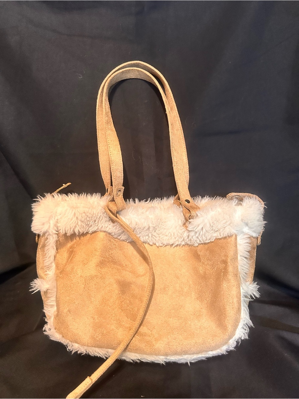 G-4 Tawny Faux-Suede Tote with Cream Faux-Fur Trim- Fun Purse